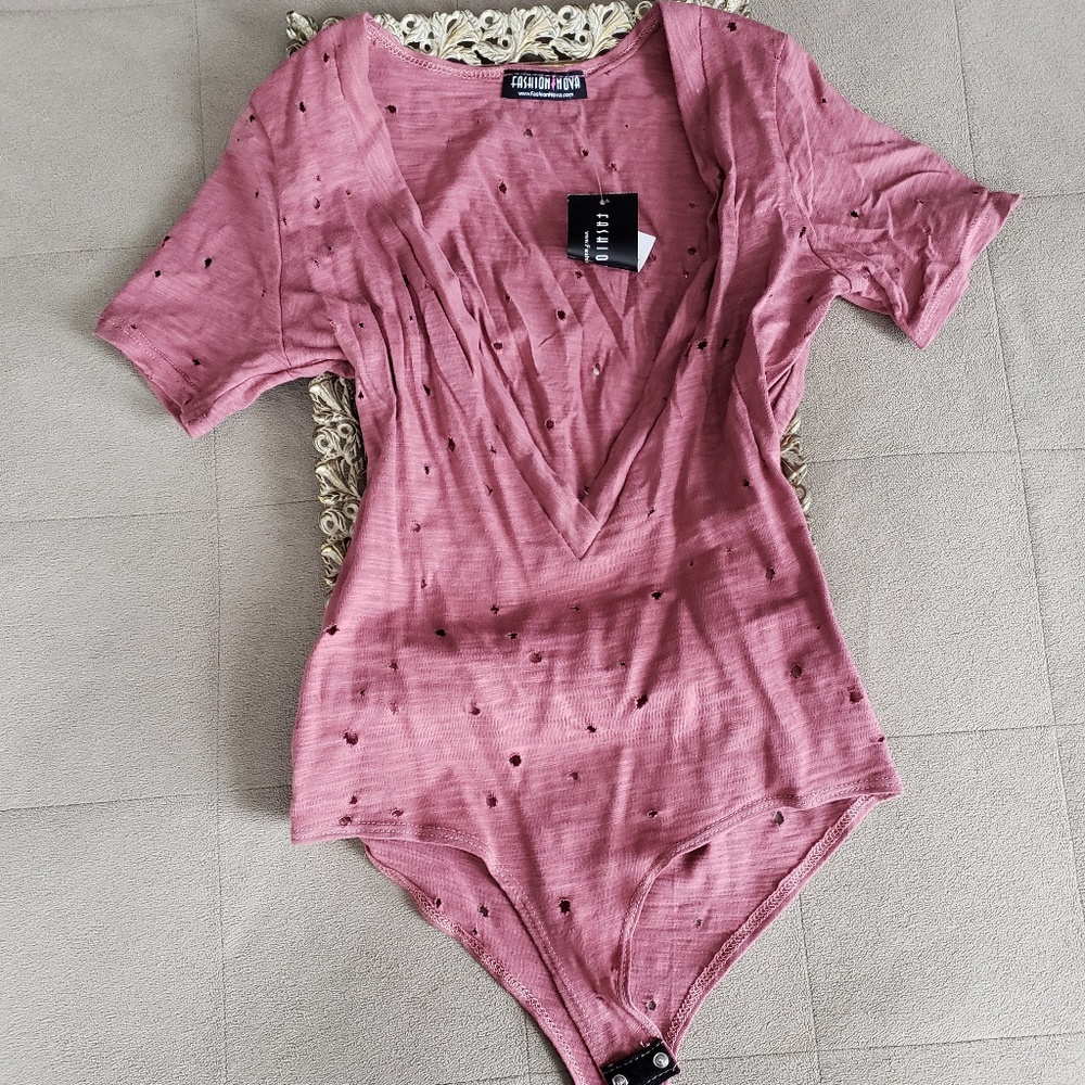 Short sleeve, deep V Plunge, fash/holes, bodysuit